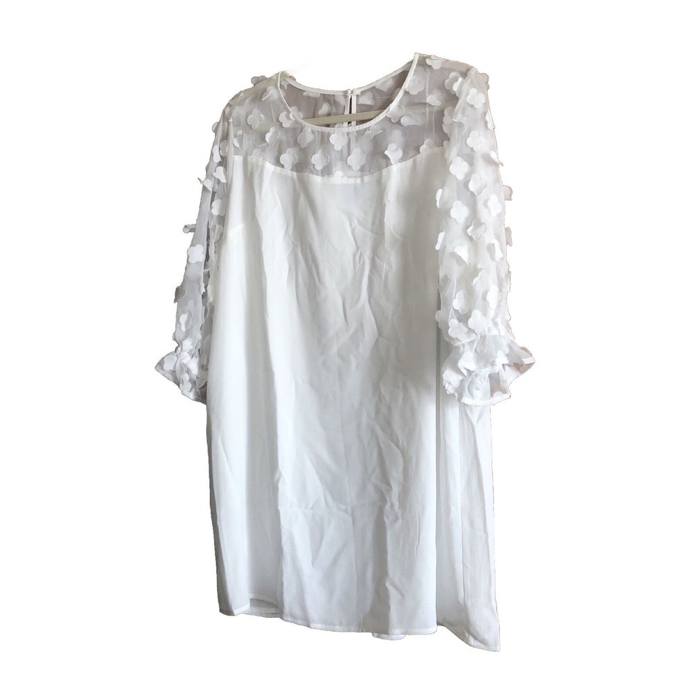 CECE Womens White Lined Clover Design 3/4 Sleeve Sheer Top & Sleeves Size XL